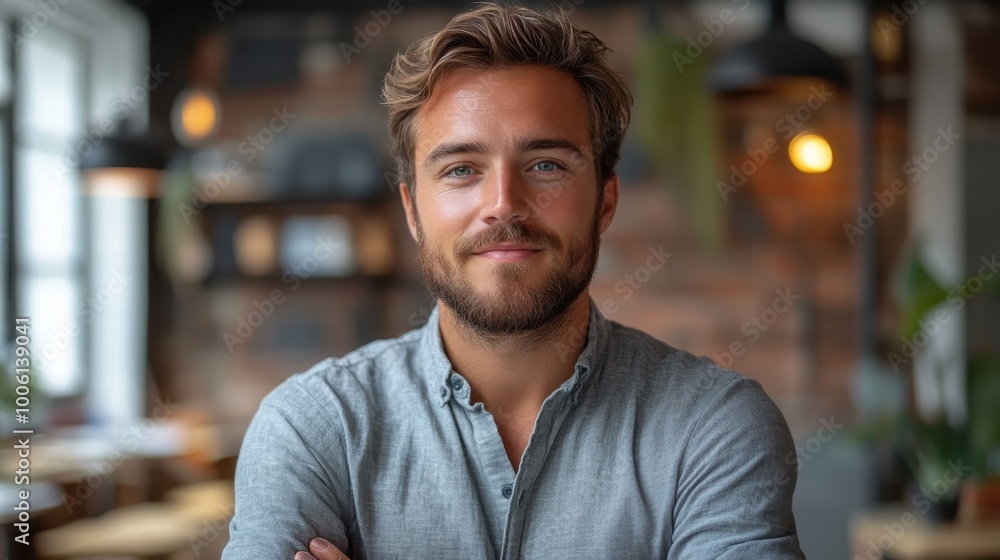 Confident Young Man Smiling. Manager of Crowdfunding and Crowdinvesting Platforms Confident Young Man Smiling. Manager of Crowdfunding and Crowdinvesting Platforms