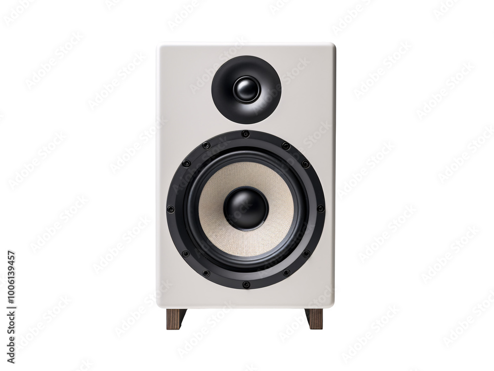 a white speaker with black round speakers a white speaker with black round speakers
