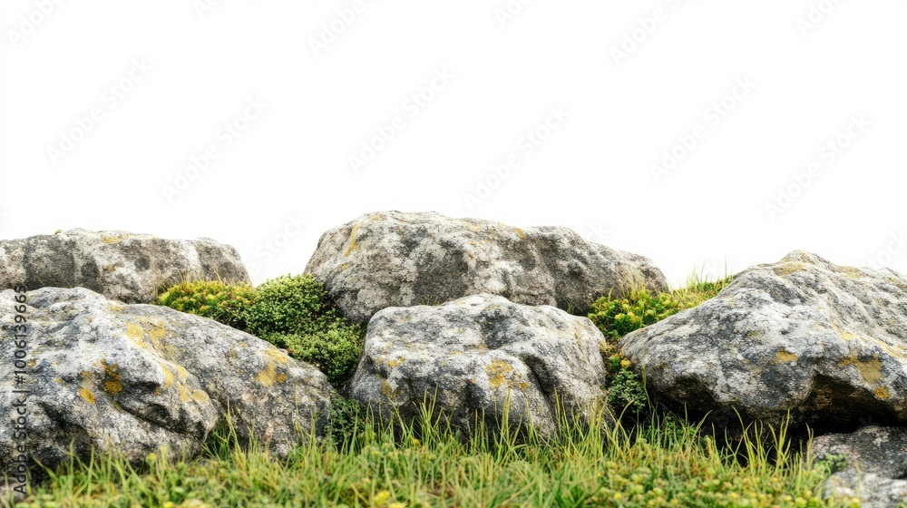 A moss-covered tree trunk stands among scattered rocks and boulders, set against a vast grassy landscape with distant hills and an ancient stone monument under the open sky A moss-covered tree trunk stands among scattered rocks and boulders, set against a vast grassy landscape with distant hills and an ancient stone monument under the open sky