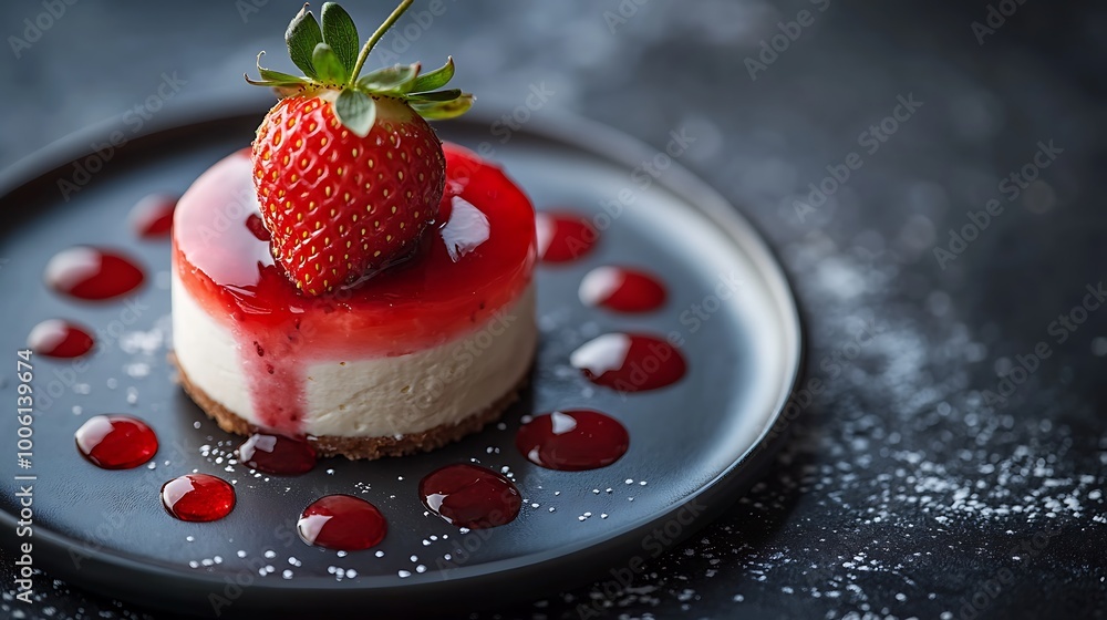 Layered strawberry cheesecake with a fresh strawberry on top, on a matte dark plate, overhead view, soft lighting creating highlights on creamy layers, Layered strawberry cheesecake with a fresh strawberry on top, on a matte dark plate, overhead view, soft lighting creating highlights on creamy layers,