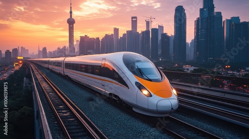 Modern High-Speed Train at Sunset in Urban Cityscape. High-Speed Railway Designer