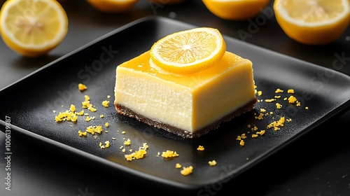 Lemon cheesecake slice on a dark ceramic plate, garnished with fresh lemon slices and lemon zest, creamy texture and vibrant yellow hues illuminated by soft lighting, high-contrast background,