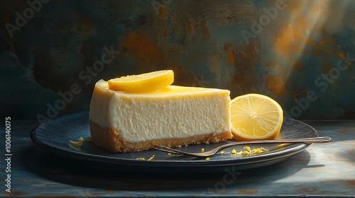 Lemon cheesecake slice on a dark ceramic plate, garnished with fresh lemon slices and lemon zest, creamy texture and vibrant yellow hues illuminated by soft lighting, high-contrast background, photo