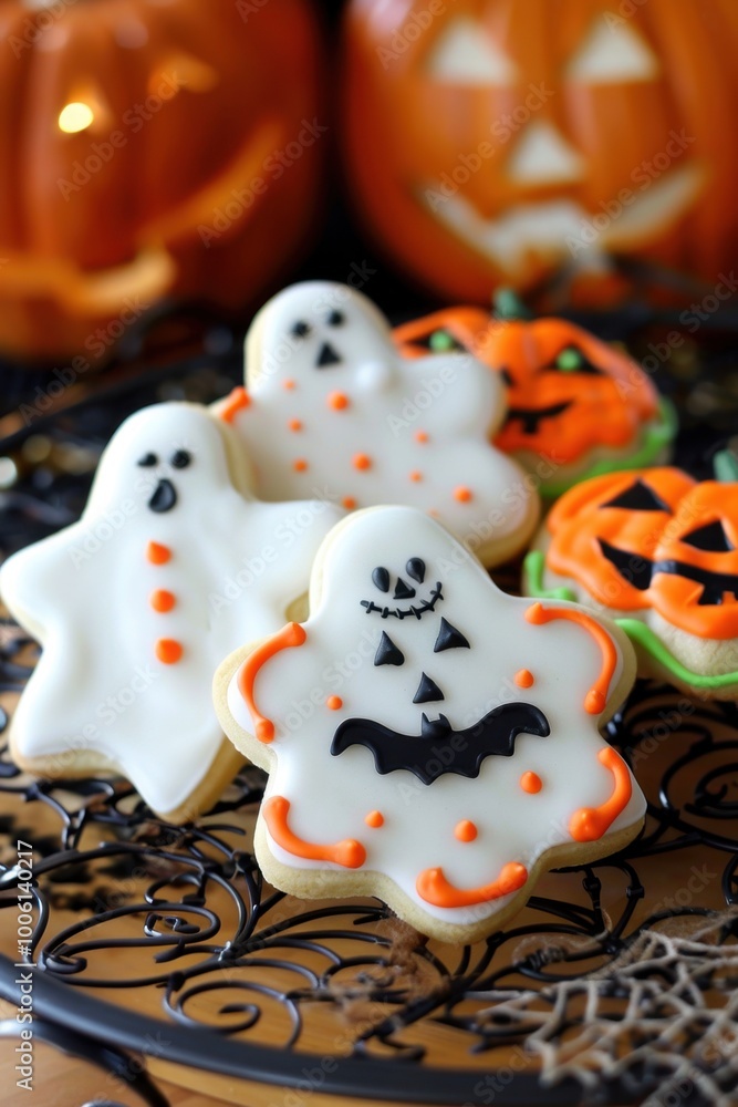 Halloween Pumpkin, Ghost, and Bat Decorated Cookies on Plate Halloween Pumpkin, Ghost, and Bat Decorated Cookies on Plate