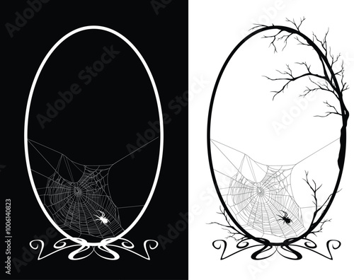 detailed spider web silhouette inside elegant antique style frame decorated with bare tree branches - halloween theme copy space vector design set