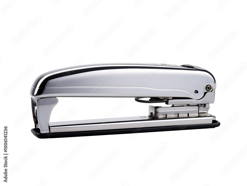 a silver stapler with black handle a silver stapler with black handle