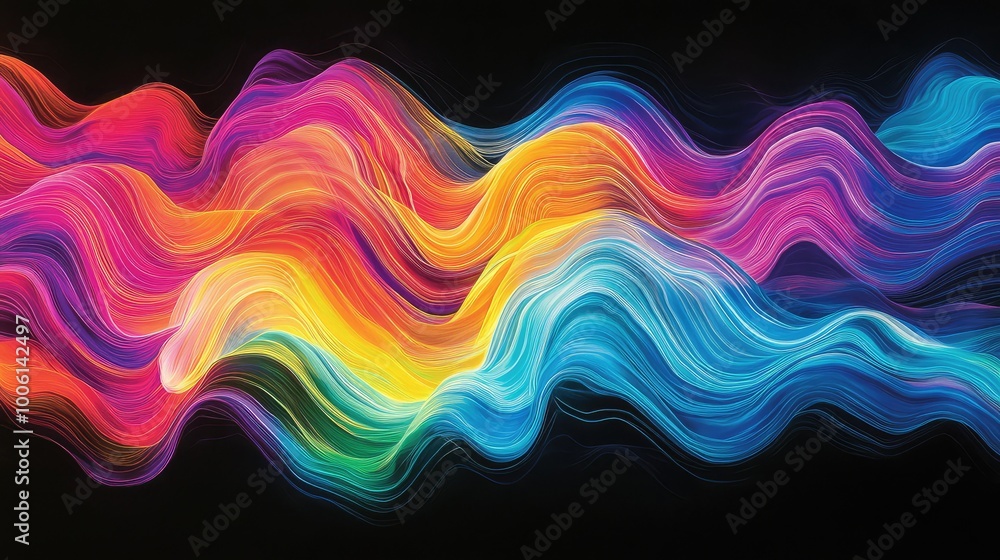 Obraz premium Wavy, rainbow-colored lines flowing across a black background, creating a vibrant, abstract contrast of light and dark.