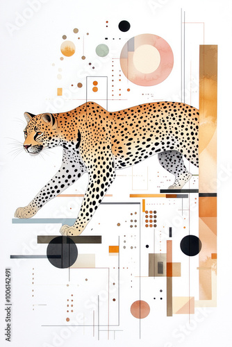 Leopard auf geometrischen Plattformen – Ausdrucksstarkes Aquarell für das Büro und Wohnzimmer photo