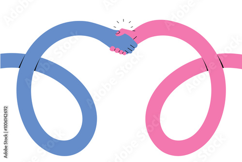 Funny long hands handshaking, agreeing on something, making a deal, congratulating. Isolated hand drawn vector illustration