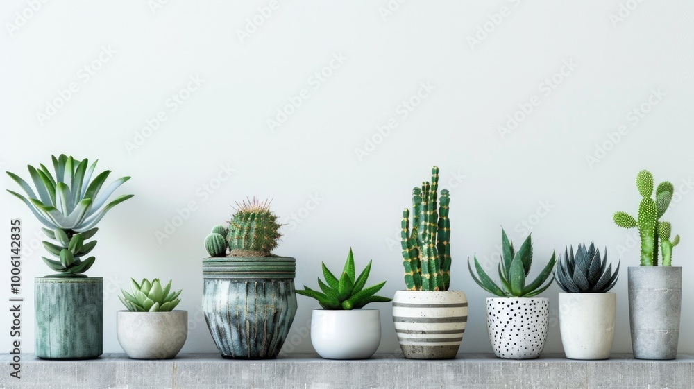 Various succulents and cacti in decorative pots on a wooden shelf, Houseplant Appreciation Day Various succulents and cacti in decorative pots on a wooden shelf, Houseplant Appreciation Day
