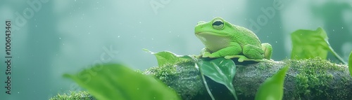 A vibrant green frog perches atop a mossy log, surrounded by lush foliage in a misty forest setting.