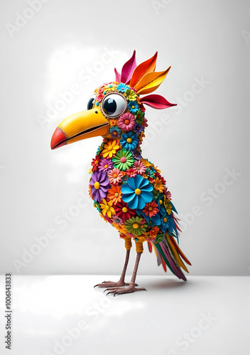 This is a close-up image of a colorful bird with a large beak and vibrant feathers, set against a white background.