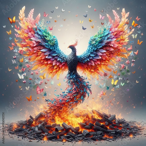 A phoenix made of butterflies rising from ashes