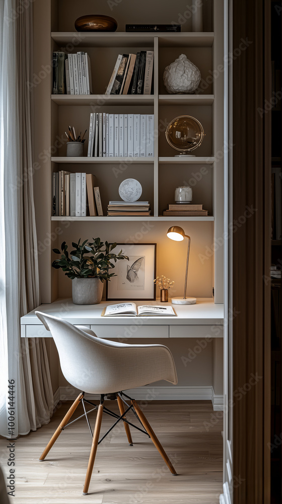 Modern minimalist study space with light tones and sleek furniture Modern minimalist study space with light tones and sleek furniture