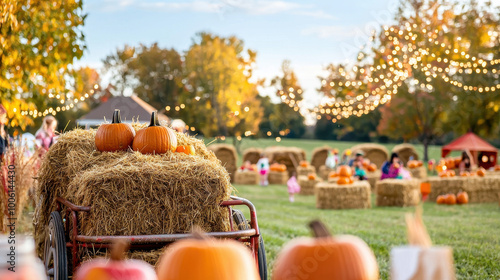 Fototapeta Naklejka Na Ścianę i Meble -  Harvest festival scene featuring pumpkins on hay bales with vibrant fall foliage and festive string lights in the background