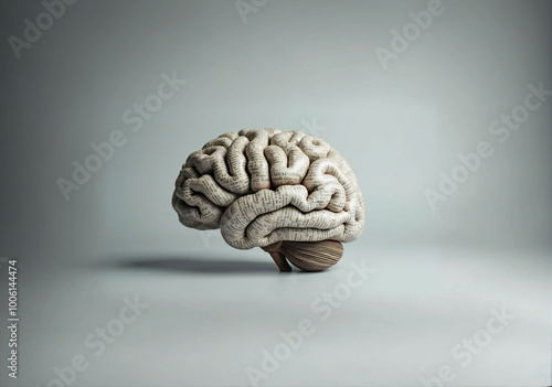 The image features a detailed 3D rendering of a human brain, presented in a realistic and lifelike manner.