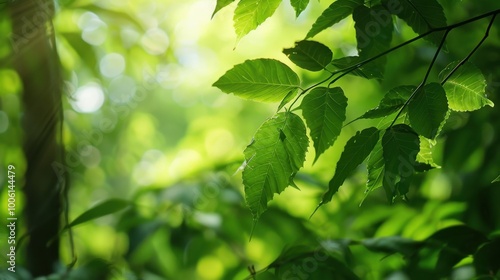 Sunlight Peeking Through Vibrant Green Leaves in Forest