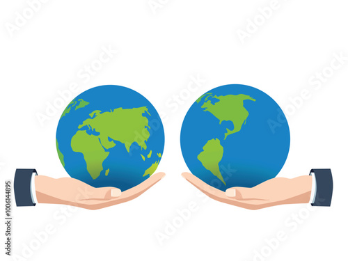 Color vector illustration in flat design style, hands holding  Earth globe. World icons isolated on white background, copy space