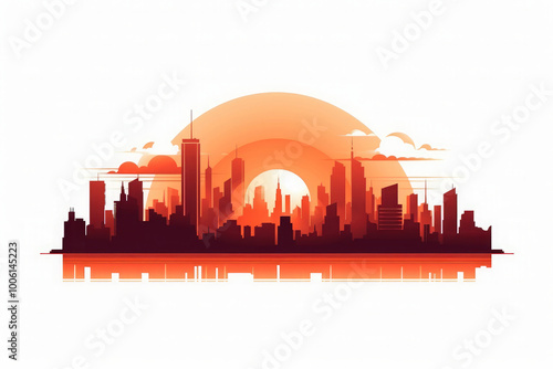 Wallpaper Mural Illustration of a city skyline at sunset, with the sun setting behind tall buildings. The scene creates a vibrant, glowing urban silhouette. Torontodigital.ca