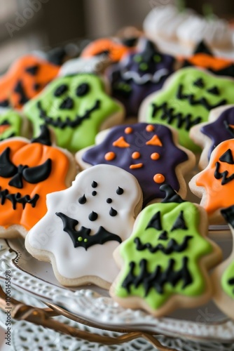 Halloween Ghost Cookies with Icing on Festive Plate