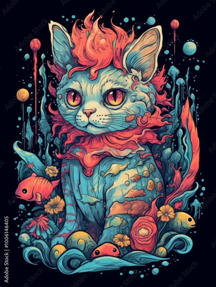 Colorful cat illustration with aquatic elements and vibrant details. Colorful cat illustration with aquatic elements and vibrant details.