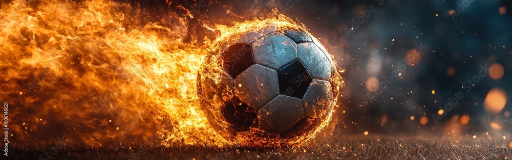 Naklejka premium Soccer Ball Engulfed in Flames in Dramatic Fiery Motion