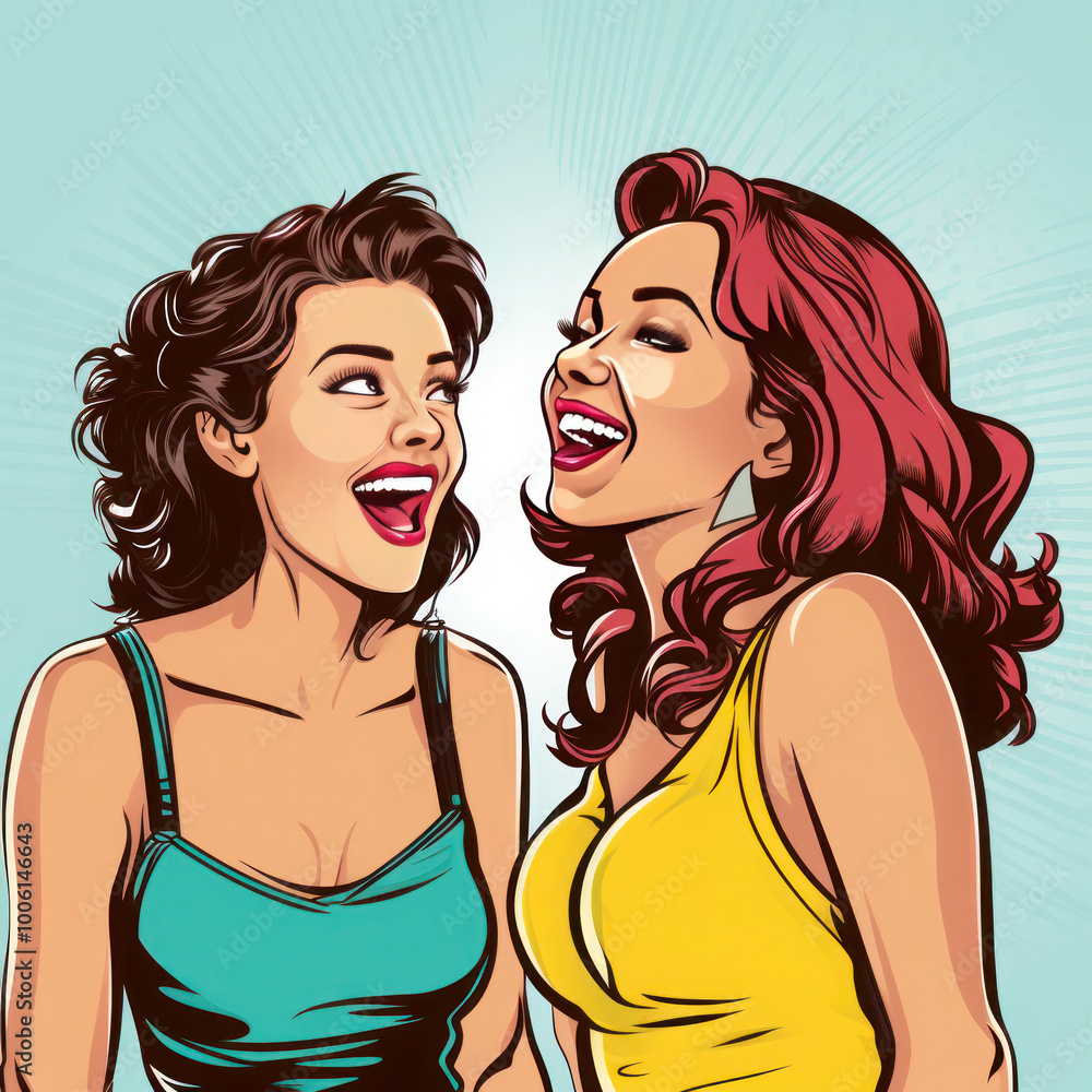 Pop art-style illustration of two women laughing and sharing a joyful moment together. The background is light blue with subtle rays. Pop art-style illustration of two women laughing and sharing a joyful moment together. The background is light blue with subtle rays.