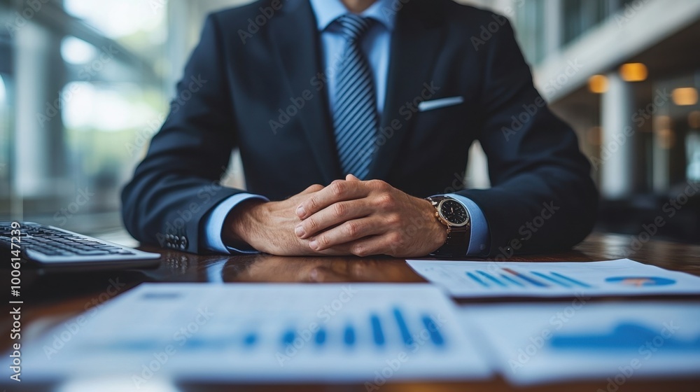 Businessman Reviewing Documents at Office Desk Businessman Reviewing Documents at Office Desk