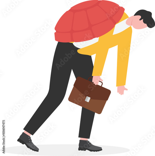 Slow, inefficient work, uncompetitive and unprofitable, loss of motivation to make money, compromise with life and work, atrophy, businessman with a turtle shell on his back holding a gold coin
