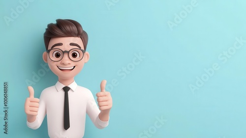 Happy employee with thumbs up, successful results, cartoon style, 3D illustration