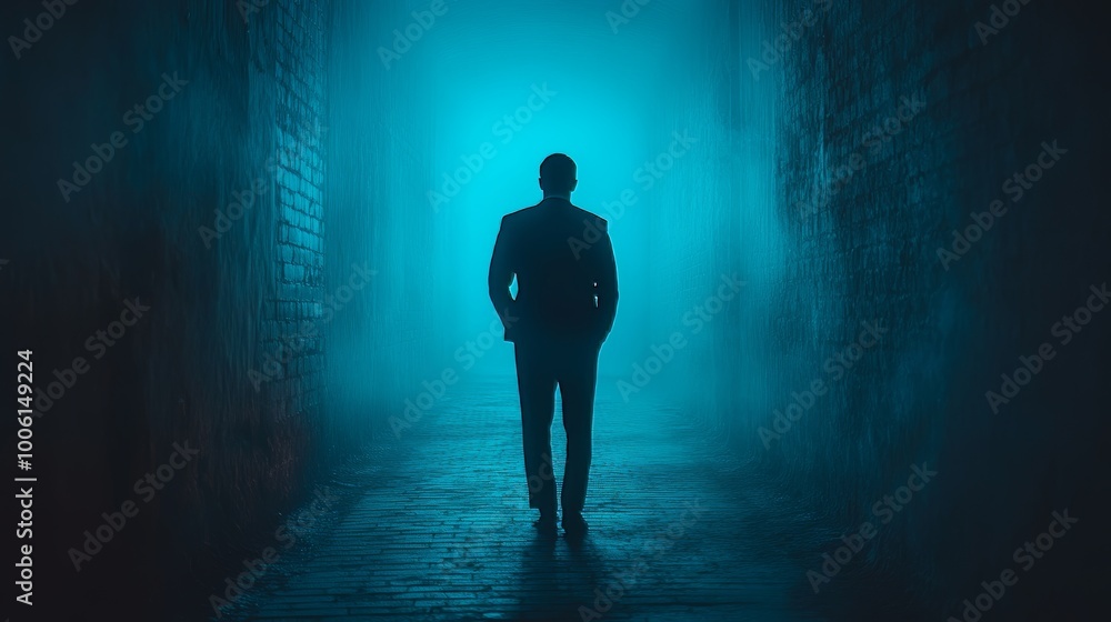 A man is walking down a dark, narrow alleyway A man is walking down a dark, narrow alleyway