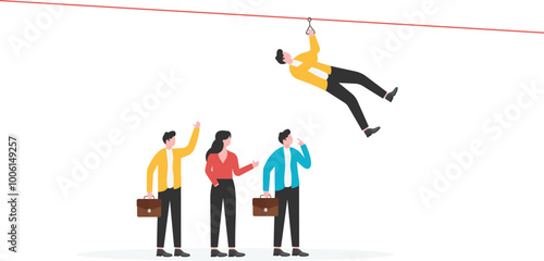 Advantages and skills, businessman uses pole vault to jump companion to reach the goal

