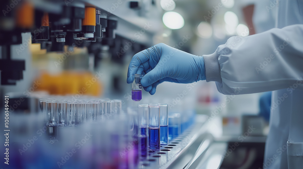 A scientist is holding a purple vial in a lab A scientist is holding a purple vial in a lab