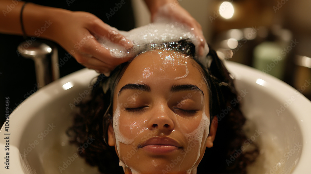 A woman is at a salon, getting her hair washed in a basin. She has her eyes closed, relaxing while a stylist applies a treatment to her hair. A woman is at a salon, getting her hair washed in a basin. She has her eyes closed, relaxing while a stylist applies a treatment to her hair.