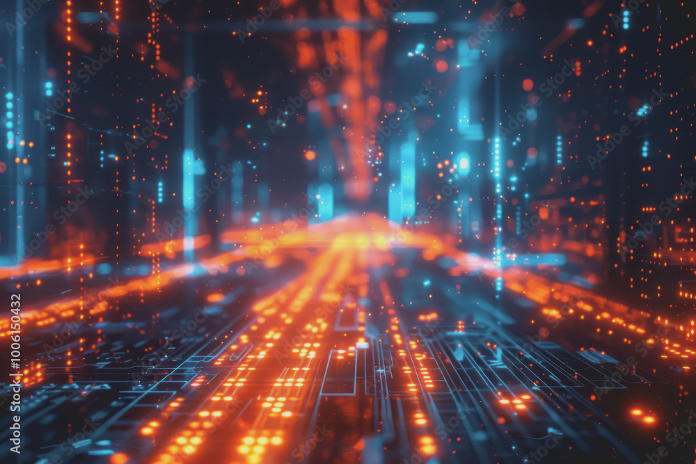 Futuristic digital abstraction Neon lights streaming data Binary code Blue and orange high tech. Futuristic digital abstraction Neon lights streaming data Binary code Blue and orange high tech.