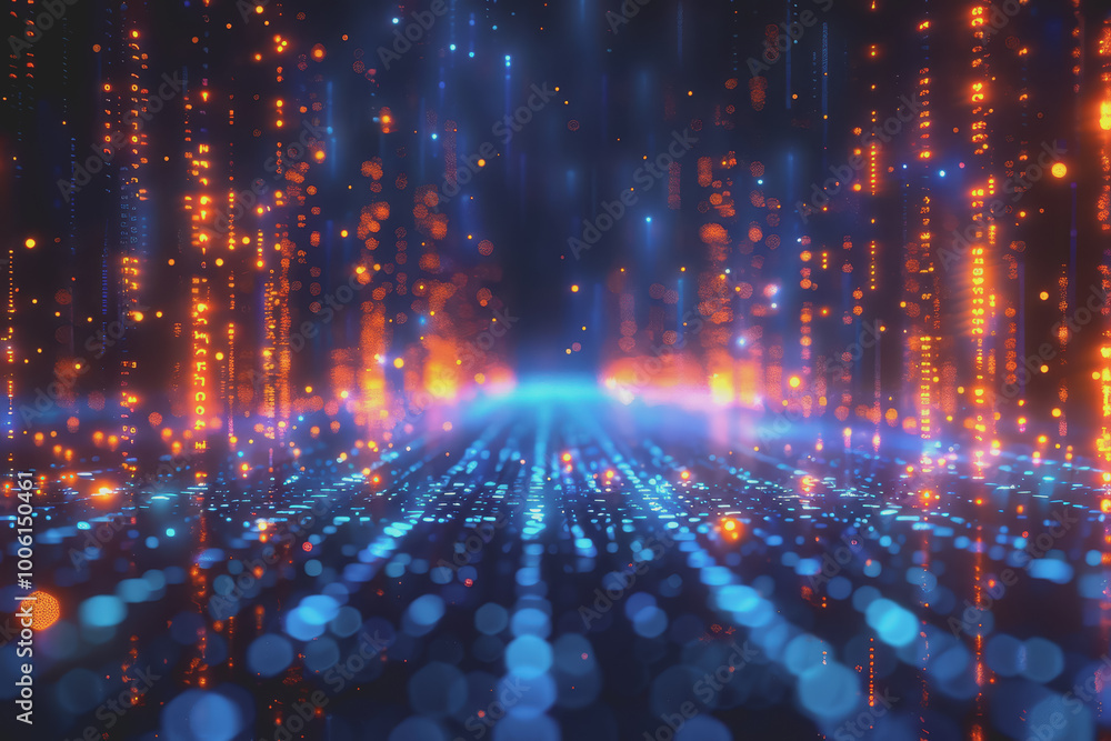 Futuristic digital abstraction Neon lights streaming data Binary code Blue and orange high tech. Futuristic digital abstraction Neon lights streaming data Binary code Blue and orange high tech.