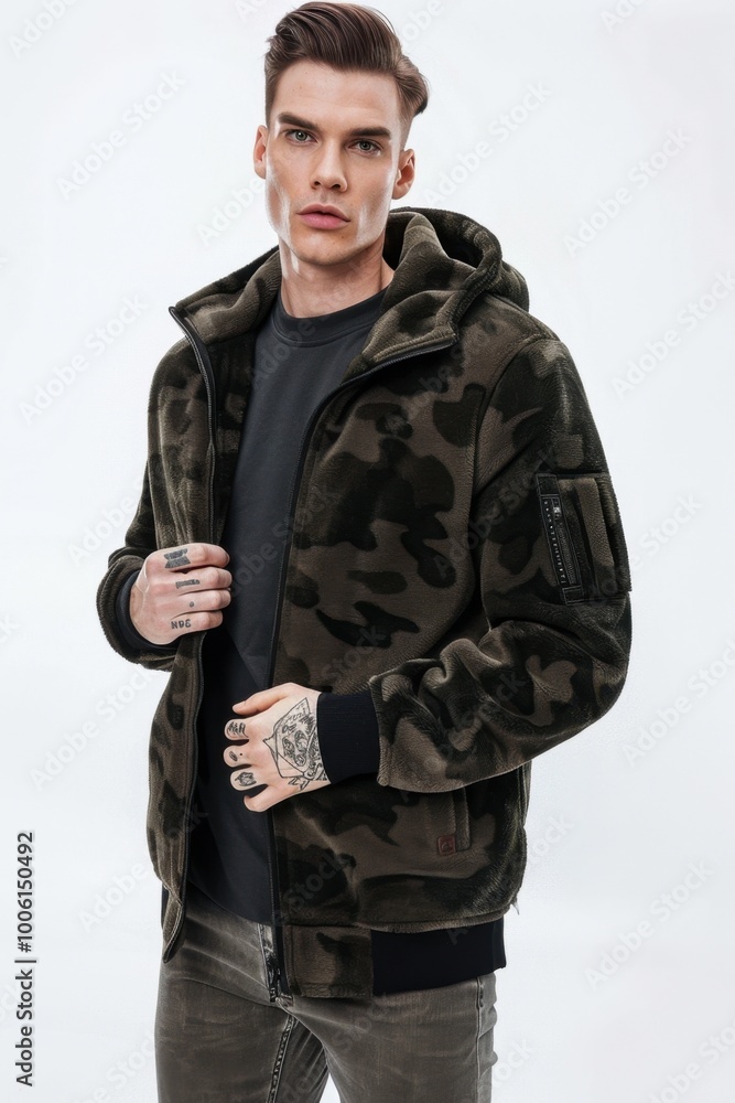 Confident Young Man in Camouflage Jacket with Tattoo Confident Young Man in Camouflage Jacket with Tattoo