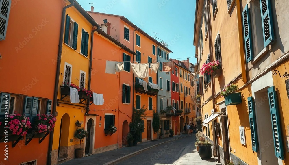 Obraz premium Tourist street with Italian-style houses featuring laundry on lines, full of charm.
