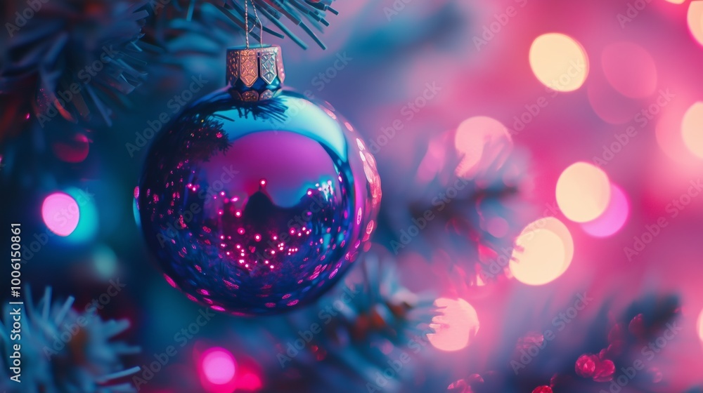 Close-up of a Christmas tree ornament against a neon background with a bokeh effect. Close-up of a Christmas tree ornament against a neon background with a bokeh effect.
