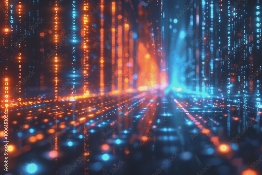 Fototapeta premium Futuristic digital abstraction Neon lights streaming data Binary code Blue and orange high tech.