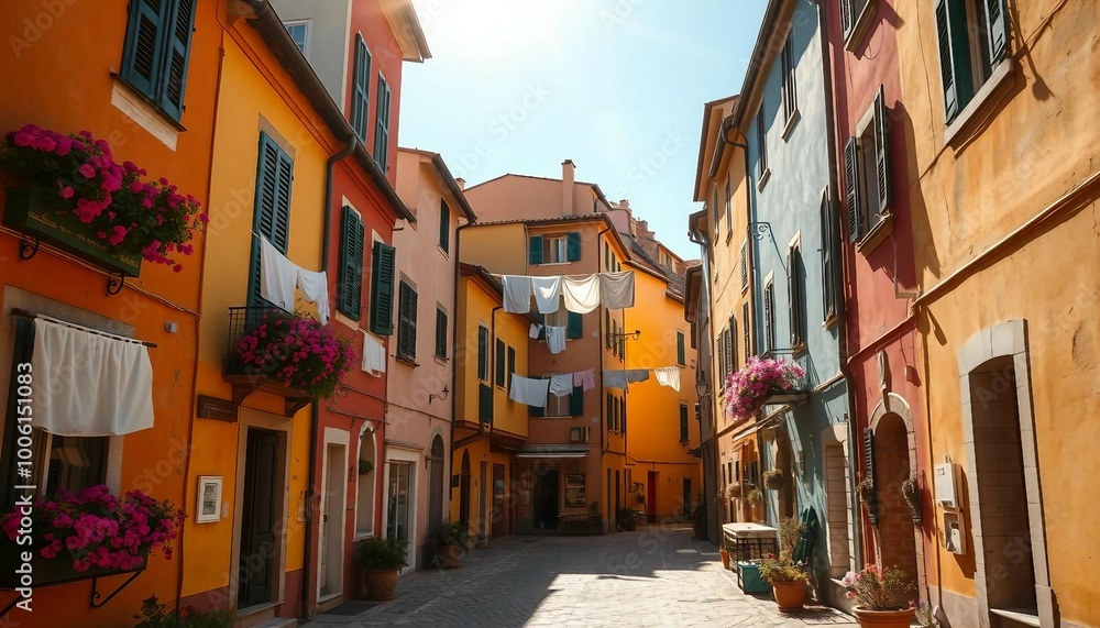 Fototapeta premium Tourist street with Italian-style houses featuring laundry on lines, full of charm.