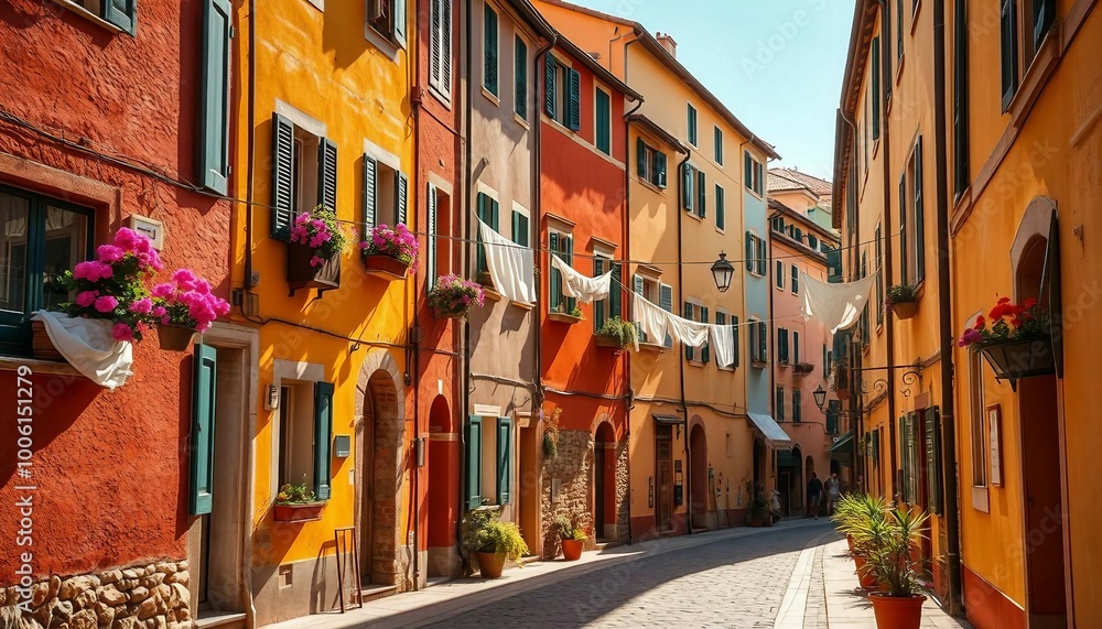 Fototapeta premium Tourist street with Italian-style houses featuring laundry on lines, full of charm.