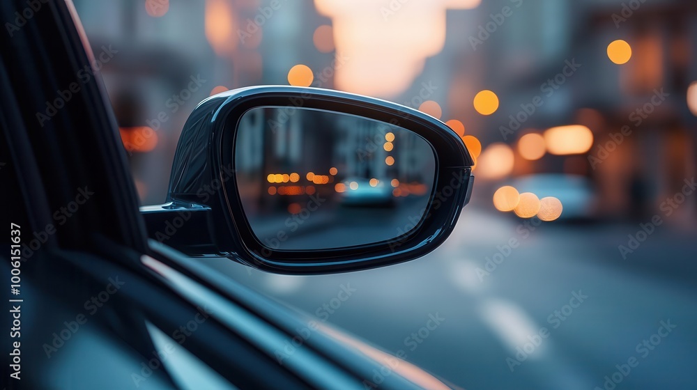 A close-up view of a car side mirror reflecting a blurred cityscape during sunset, capturing a serene urban ambiance. A close-up view of a car side mirror reflecting a blurred cityscape during sunset, capturing a serene urban ambiance.