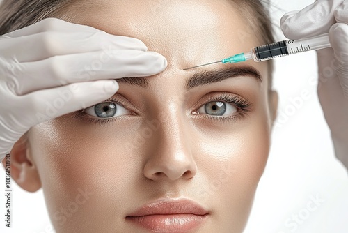 Beautiful young woman getting botox injection. Glabella facial rejuvenation procedure. Generative Ai photo