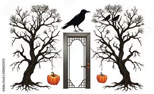 Silhouette Halloween     collection with Raven Bird at Bare Tree Branches Entrance. isolated on white background, Vector