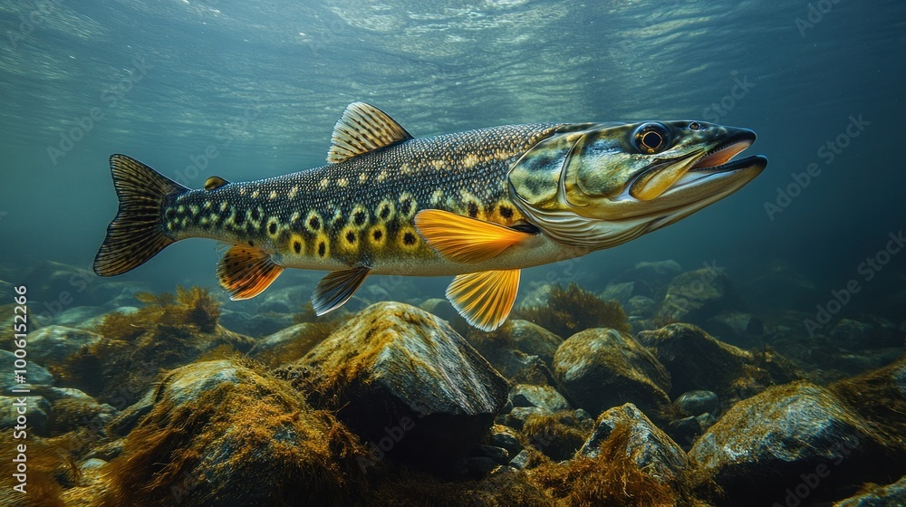 Fototapeta premium Underwater view of a trout swimming among rocks and vegetation.