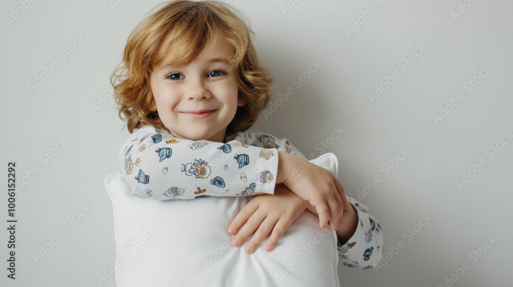 A happy child in pajamas hugs a pillow on a white background. Products for children's bedroom. Sweet dreams.