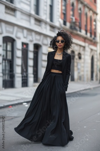 Urban Chic Woman in Stylish Black Outfit and Sunglasses Posing on City Street