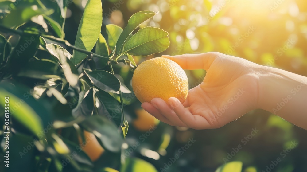 Close-up of a hand carefully picking a ripe orange from a tree the vibrant fruit and lush green leaves in a sunny summer setting. Close-up of a hand carefully picking a ripe orange from a tree the vibrant fruit and lush green leaves in a sunny summer setting.