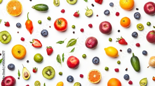 Vibrant Collage of Fresh Fruits and Vegetables, a colorful assortment arranged on a clean white background, showcasing the natural beauty and diversity of healthy foods.